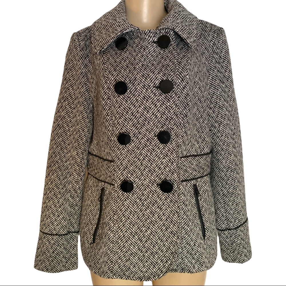Ci Sono Grey Tweed Houndstooth Double Breasted Pea Coat Jacket Dark Academia
